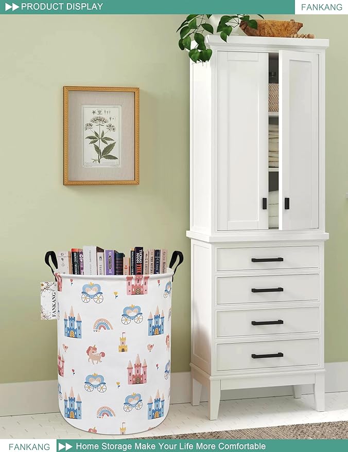 FANKANG Storage Basket, Nursery Hamper Canvas Laundry Basket Foldable with Waterproof PE Coating Large Storage Baskets for Kids Boys and Girls, Office, Bedroom, Clothes,Toys(castle carriage)