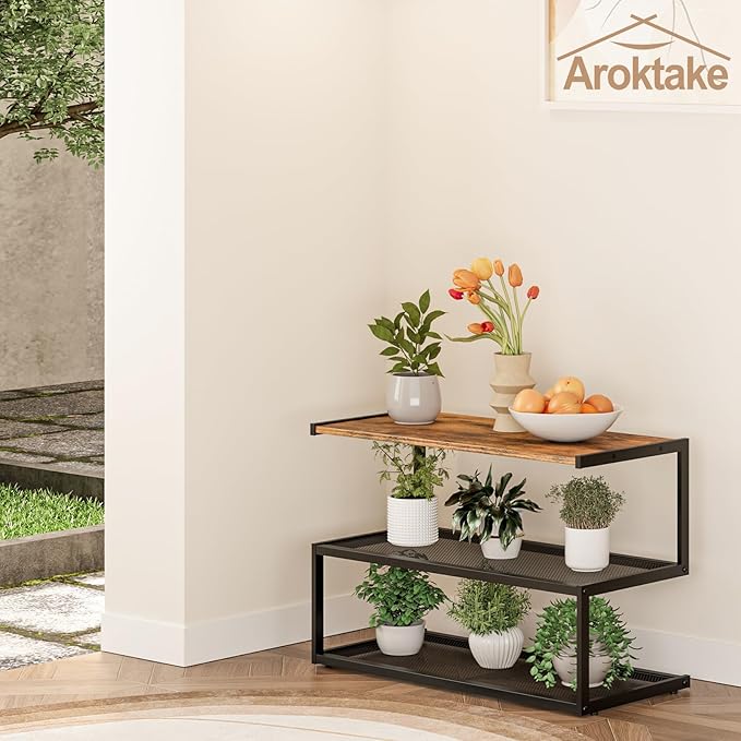 Shoe Rack, Unique 5-Shaped Free Standing Shoe Shelf, 3-Tier Wooden Shoe Organizer with Wooden Top and Steel Frame for Front Door Entrance, Entryway, Hallway, 24.41" D x 11.02" W x 16.14" H-NeatNest