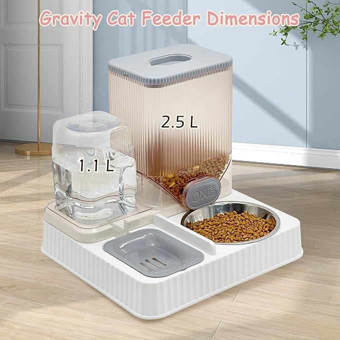 Fhiny Gravity Cat Feeder & Water Dispenser, 2 in 1 Automatic Puppy Waterer Removable Stainless Steel Food Bowls Set Self Feeding Pet Food Storage for Cat Kitten Puppy Easy Clean (Grey)-NeatNest