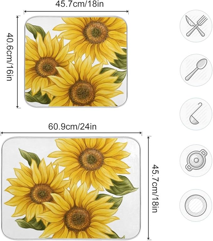 Absorbent Dish Drying Mat for Kitchen Counter - Yellow Sunflower Microfiber Drying Pad, Reversible Drainer Mats for Countertop, Small 16" x 18"