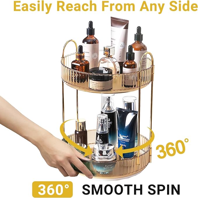 360 Rotating Gold Makeup Organizer,2 Tier Large Capacity Rotating Makeup Organizer,SkincarePerfume Organizer,Bathroom Cosmetics Storage Organizer Countertop (Gold-2 Tier)-NeatNest