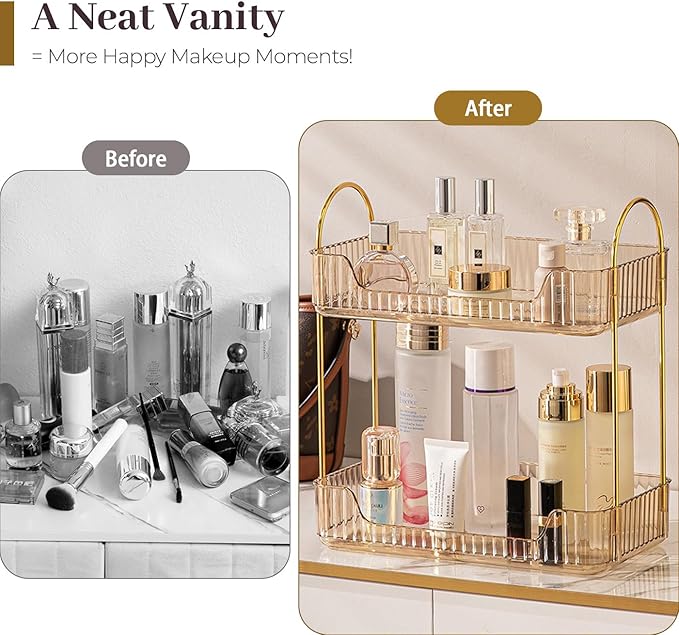 Aveniee Bathroom Counter Organizer, 2 Tier Perfume Skin Care Countertop Storage Shelf, Vanity Makeup Tray for Cosmetic Skincare Lotion, Gold-NeatNest