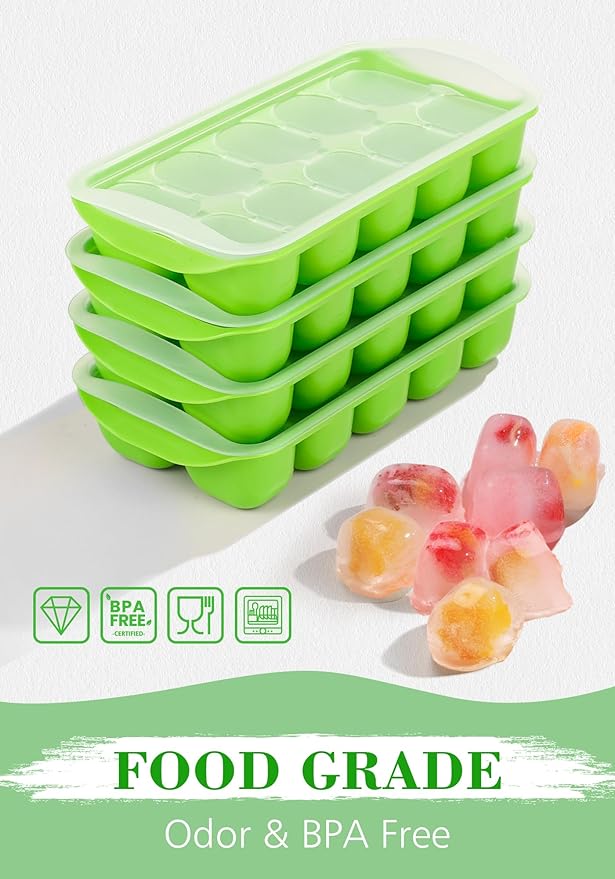 DOQAUS Ice Cube Tray with Lid and Bin, 4 Pack Easy Pop Out Silicone Ices Cubes Trays for Freezer with Cover, Stackable Compact Ice Bucket Kits, for Soup, Food, Cocktail, Coffee-NeatNest