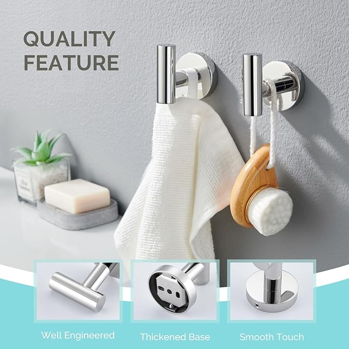 Bath Towel Hook 2 PCS, Angel Simple SUS304 Stainless Steel Kitchen Bathroom Towel Holder, Round Robe Hook Wall Mounted, Polished Chrome