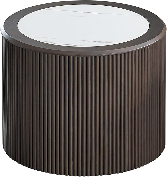 23.62" Round Coffee Table for Living Room,Modern Marble Pattern End Small Side Table with Sturdy Pedestal for Bedroom,Dark Brown