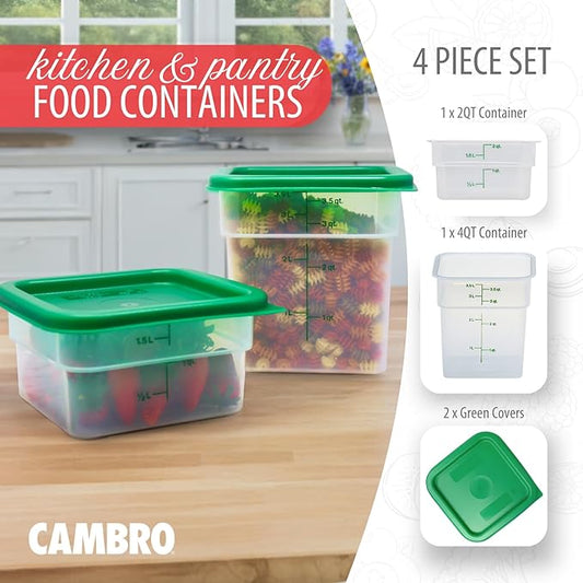 Cambro Food Storage Container with Lid (Microwave Safe and BPA-Free) - 2 Pack - Classic Series Square with Green Lid - 2 and 4 QT (Quart) - Commercial Grade for Food Prep (Translucent)-NeatNest