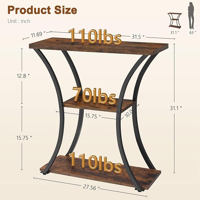 Hoctieon 3 Tier Console Table with Open Wood Shelves, Decorative Entryway Table with Curved Metal Frames, Narrow Sofa Table for Entrance, Living Room, Hallway, Rustic Brown+Black-NeatNest