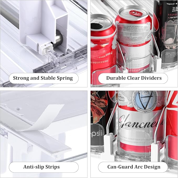 Drink Organizer for Fridge, Soda Can Organizer Dispenser for Refrigerator with Automatic Pusher Glide, Width Adjustable Clear Dividers Can Holder for 6-20oz Beverage, 15''D x15.4''W, 5 Rows