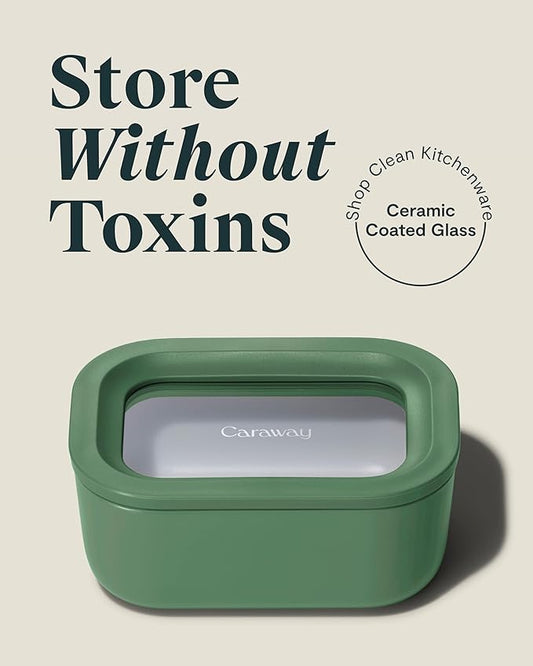 Caraway Mini Rectangle Food Storage Container - 2.6 Cup Glass Storage Container for Food - Non-Toxic Ceramic-Coated Glass - Air Release Technology - Compact & Stackable Design - Sage-NeatNest