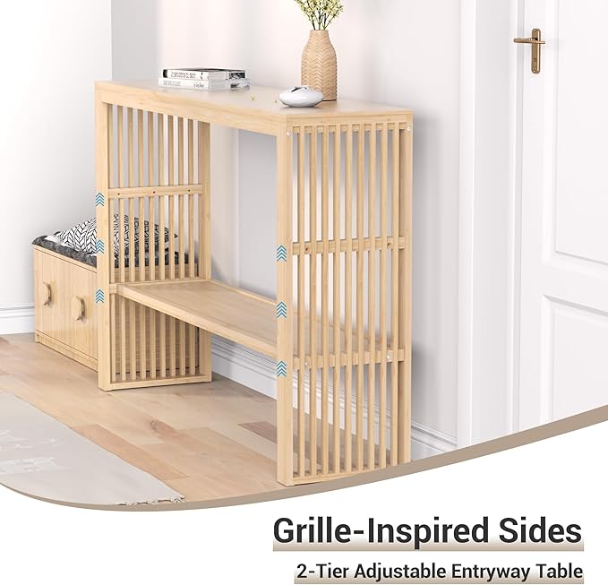 Bamboo Wood Entryway Table 47.2" Console Table, 2-Tier Farmhouse Narrow Sofa Table with Grille-Inspired Sides Easy Assembly for Entrance, Hallway, Living Room, Bedroom, Foyer(Natural)-NeatNest