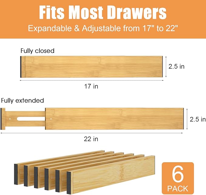 Bamboo Drawer Dividers,17-22" Adjustable Kitchen Drawer Organizer for Clothes,6 Pack Expandable Drawer Organization Separators for Bedroom,Bathroom,Dresser and Office,Natural-NeatNest