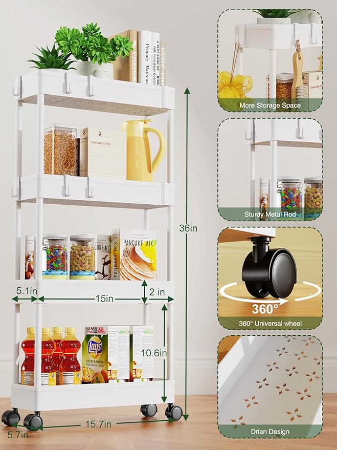 LEHOM 5.1" Slim Storage Cart - 4 Tiers Bathroom Organizer Mobile Shelving Unit Storage Rolling Utility Cart Slide Out Organizer for Kitchen Bathroom Laundry Narrow Places, White