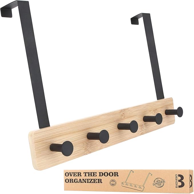 Badiano Over The Door Hook Hanger, Bamboo Coat Rack with 5 Metal Hooks, Wood Clothes Organizer for Coat, Towels, Bags, Robes (Black)