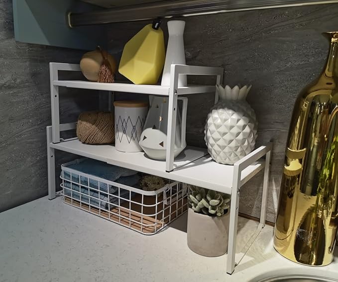 Expandable Cabinet Shelf Organizer 16-26" L Stackable Kitchen Counter Shelf Rack Stand Sink Riser Countertop Storage White (Wide 10.6”D)-NeatNest
