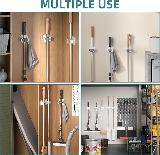 TAILI Mop and Broom Holder Wall Mount Grippers, 3 Hangers and 8 Adhesive Strips, Damage Free Hanging Wall Mount, Household Cleaning Organizer for Organization and Storage, Holds up to 4 lbs, Grey-NeatNest