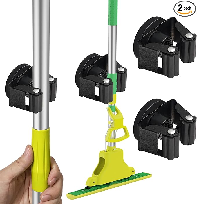 ULIBERMAGNET Magnetic Mop Broom Holder,Heavy Duty Movable Magnetic Broom Holder Rack,Anti-slip Wall Mounted Utility Storage Mop Shovel Hanger for Garage, Kitchen, Laundry, Garden(2 Pack/Black)