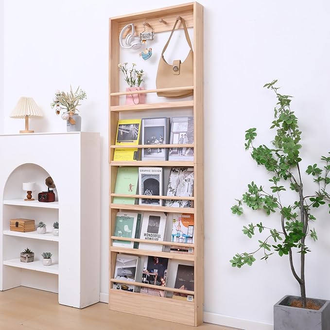 Wooden 5 Tiers Kids Bookshelf, Wall Mount Shelf with Hooks, Organizer for Toys and Books (Nature)