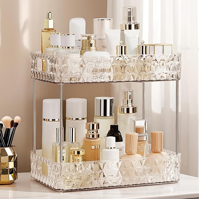 Makeup Organizer for Vanity,Bathroom Countertop Skincare Organizer,Makeup Counter Shelf Perfume Holder Rack,Cosmetic Display Case (Clear, 2 Tier)-NeatNest