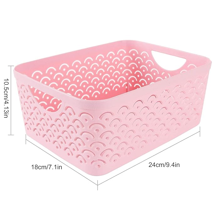 5 Pack Plastic Storage Baskets, Portable Pink Fish Scale Pattern Hollow Desktop Storage Bin Box with Handle for Kitchen, Bathroom, Kids Room or Nursery Storage – 9.4 x 7.1 x 4.1 inches