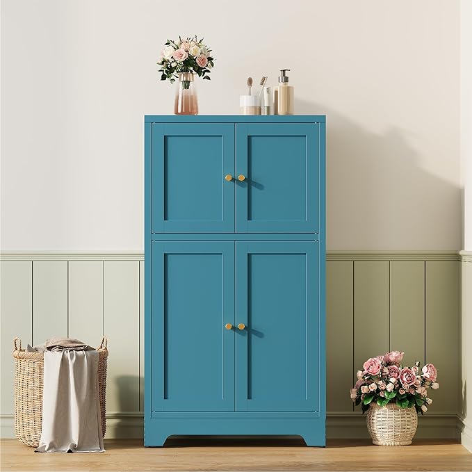 Bathroom Floor Storage Cabinet, Freestanding Accent Cabinets with 4 Doors and 2 Adjustable Shelves,Teal Blue Metal Locker Cabinets for Restroom, Kitchen,Living Room,Hallway