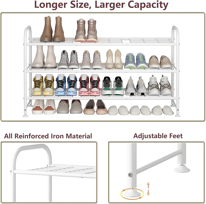 LINZINAR Shoe Rack Long 3 Tier Shoe Storage Organizer Metal Wide Shoe Shelf for Closet Entryway Bedroom 24 Paris Large Capacity, Black (White, 3-Tier)
