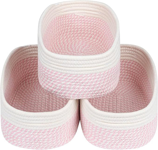 CubesLand Rectangle Organization/Storage Basket, Natural Cotton Rope Woven Baskets for Organizing, Small Basket for Kids, Baby Nursery, Cat Dog Toy Baskets, Organizer Bins for Shelves 3 Packs-NeatNest