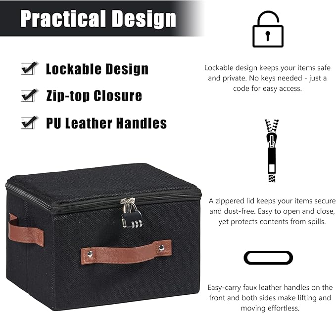 2PCS Storage Bins Boxes with Zipper Lid Combination Lock PU Leather Handles Cotton Linen Fabric Lidded Lockable Baskets Foldable Washable Closet Shelf Organizer Container (Black, Small)