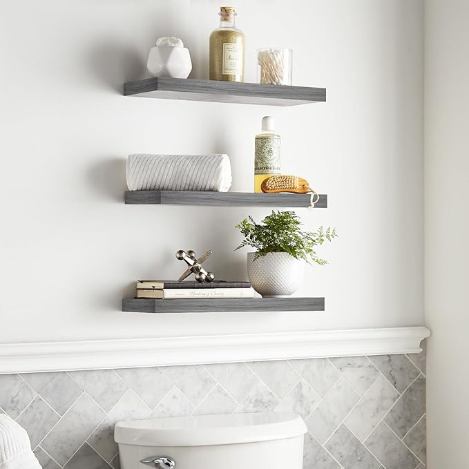 BAYKA Floating Shelves for Wall, 22.5 inches Wall Mounted Rustic Wood Shelves for Bathroom, Bedroom, Living Room, Floating Shelves for Books/Storage/Decor (Grey,Set of 3)-NeatNest
