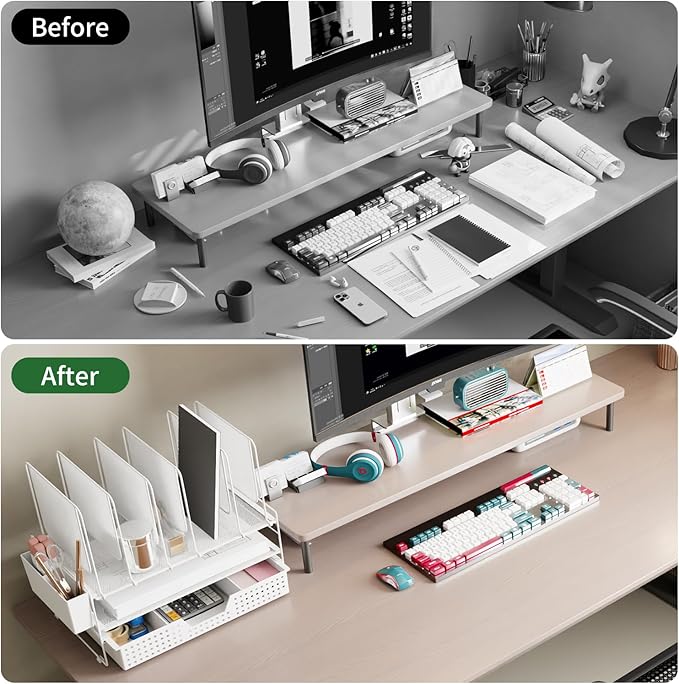 Desk Organizer, Office Organization with Vertical File Holder, File Organizer with Drawer and Pen Holder, Desk Accessories and Workspace Organizers for Home Office (White)-NeatNest