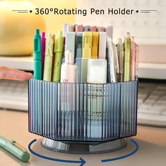 LINFIDITE 360°Rotating Makeup Organizer Holder Cosmetic Display Case Clear Makeup Brush Lip Gloss Organizer Case with 5 Slots Round Turntable Storage Tray for Vanity, Bathroom, Counter Organizer Blue-NeatNest