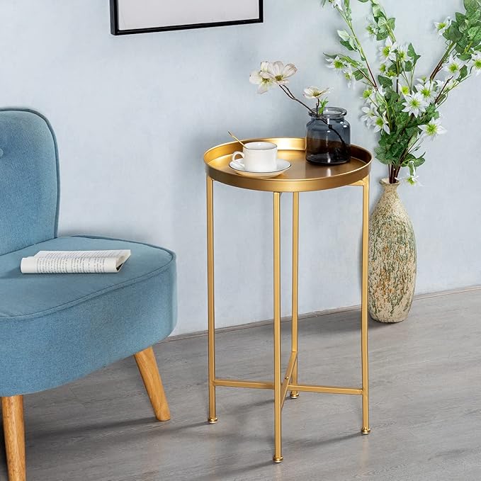 HollyHOME Small Round Metal Waterproof End Table, Accent Indoor&Outdoor Side Table, Sofa Table for Living Room, Anti-Rust Decorative Plant Stand, (D) 14.5" x (H) 25", Golden-NeatNest