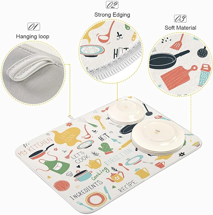 Dish Drying Mats for Kitchen Counter Kitchen Doodle Pattern Microfiber Dish Rack Mat Dry Mats for Dishes Large 24 x 18 Inches