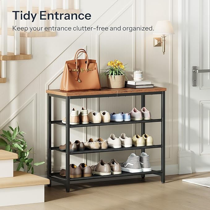 HOOBRO Shoe Rack with 3 PU Shelves, 4-Tier Shoe Storage Organizer for Closet and Entryway, Holds 9-12 Pairs of Shoes, Sturdy Metal Frame, Small Spaces, Rustic Brown and Black BF94XJ01-NeatNest