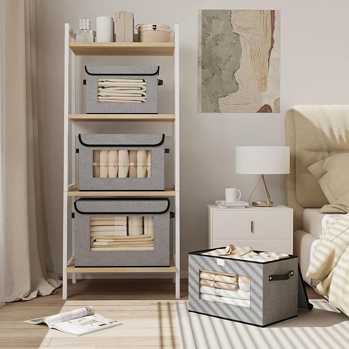 Fabric Basket with Lid, 3-Pack Decorative Linen Closet Organizers Bins, 15 x 9.8 x 9.8 inch Storage Containers for Shelves, Cubes with Handles, Gray