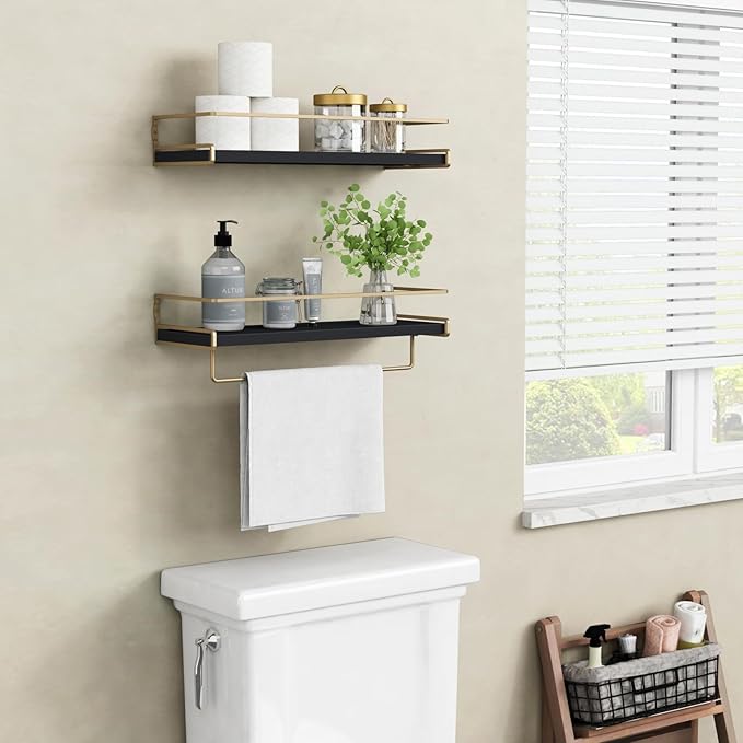 Forbena 2-Pack Black and Gold Contemporary Floating Shelves for Wall, Bathroom, Kitchen, Home Decor (Black and Gold)-NeatNest