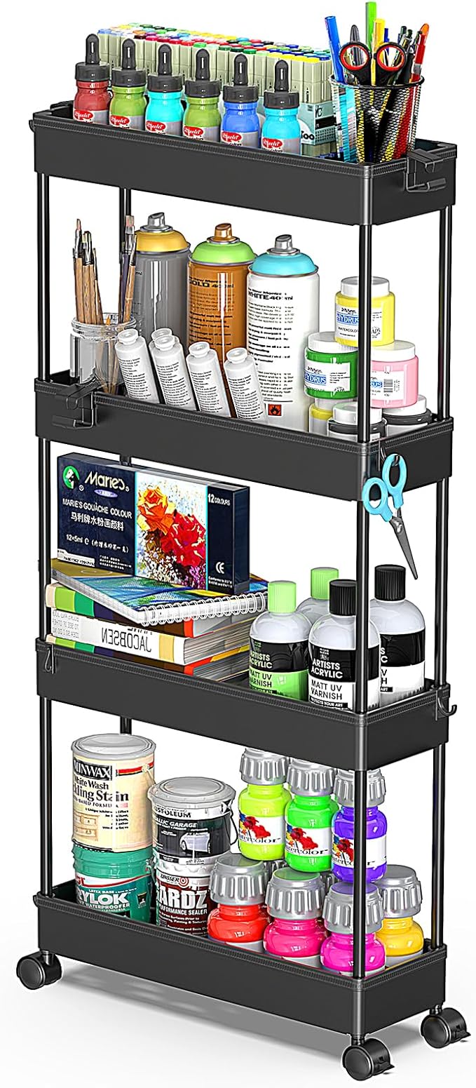 SPACEKEEPER Slim Rolling Storage Cart 4 Tier Bathroom Organizer Cart Mobile Shelving Unit Slide Out Utility Cart for Kitchen, Bthroom, Makeup, Craft, Laundry Narrow Places, Black
