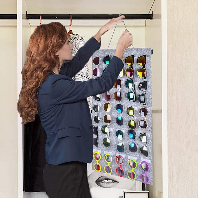 AROUY Sunglasses Organizer Storage, Hanging Wall Pocket Glasses Organizer - 25 Felt Slots Sunglass Organizer Holder Eyeglass Display with Sturdy Rope (Gray, Large)-NeatNest