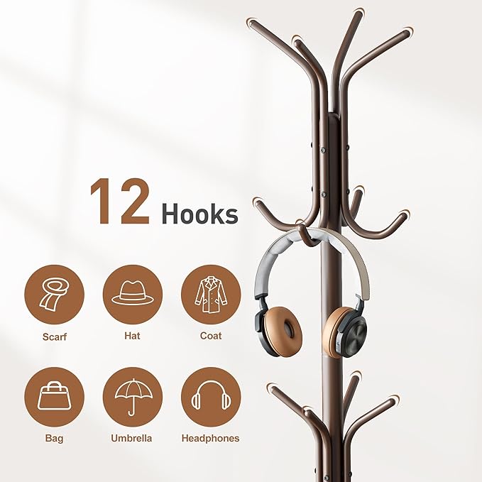 FILWH Coat Rack Freestanding Coat Tree Standing Coat and Hat Hanger Jacket Organizer Rack Metal,18.3" L x 18.3" W x 71.5" H, Brown-NeatNest