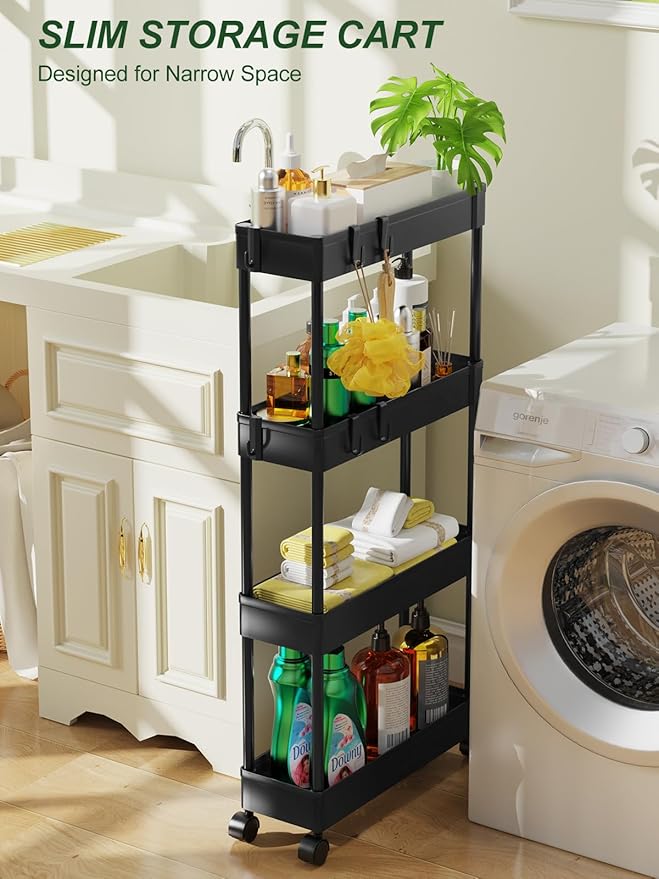 LEHOM 5.1" Slim Storage Cart - 4 Tiers Bathroom Organizer Mobile Shelving Unit Storage Rolling Utility Cart Slide Out Organizer for Kitchen Bathroom Laundry Narrow Places
