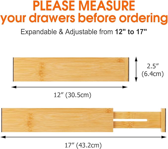 Bamboo Drawer Dividers Organizers, Kitchen Drawer Organizer, Adjustable Drawer Divider for Clothes, Kitchen, Dresser, Bedroom, Bathroom and Office, 4-Pack (Natural, 12-17 IN)-NeatNest