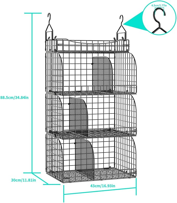 HapiRm Hanging Closet Organizer Storage - 4 Tier Metal Stackable Hanging Closet Shelves with Dividers and S Hooks, Foldable Clothes Shelves for Clothes, Pants, Shoes, Coat, Hats Clutches Accessories