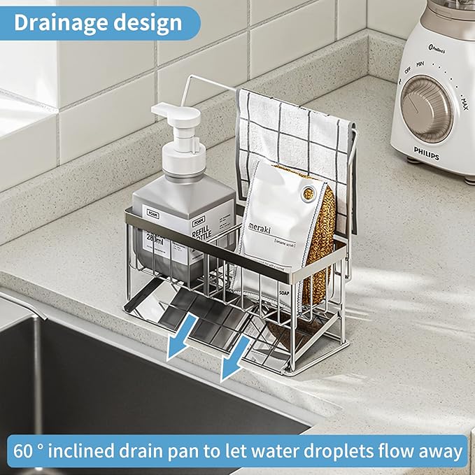 Kitchen Sink Caddy - Sponge Brush Holder with Removable Slope Drip Tray SUS304 Stainless Steel Rustproof Sink Rack-NeatNest