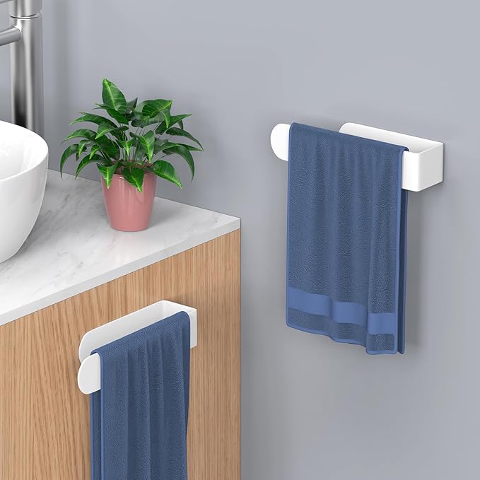 HUFEEOH 2 Pack Adhesive Hand Towel Holder, Kitchen Towel Rack Towel Bars Wall Mounted, Stainless Steel Bath Towel Hanger for Bathroom Hotel Kitchen (White, 8 Inch(2PC))