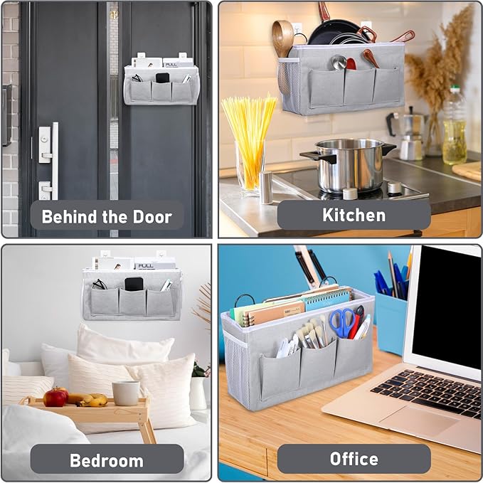 2pcs 3-Pockets Large Wall Hanging Organizer Bag, Linen Fabric Door Hanging Storage Baskets with Pockets, Waterproof Bin for Kitchen, Bedroom, Office, RV Camper