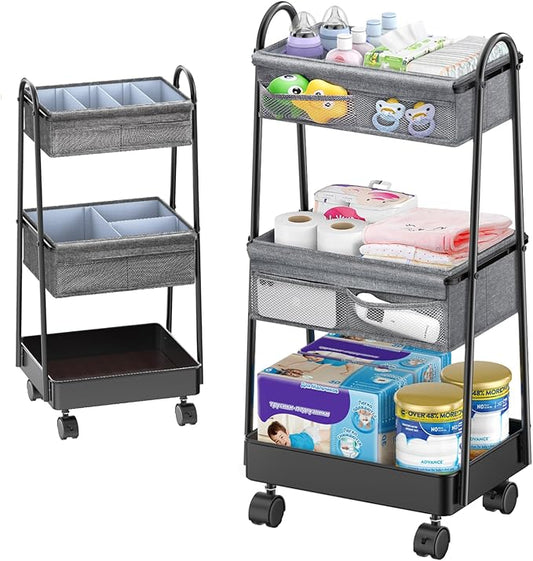 3 Tier Rolling Cart - Baby Diaper Caddy Organizer, 3 Tier Utility Cart Newborn Baby Nursery Essentials, Large Capacity, Easy to Assemble, Storage for Bedroom, Changing Table & Crib-NeatNest