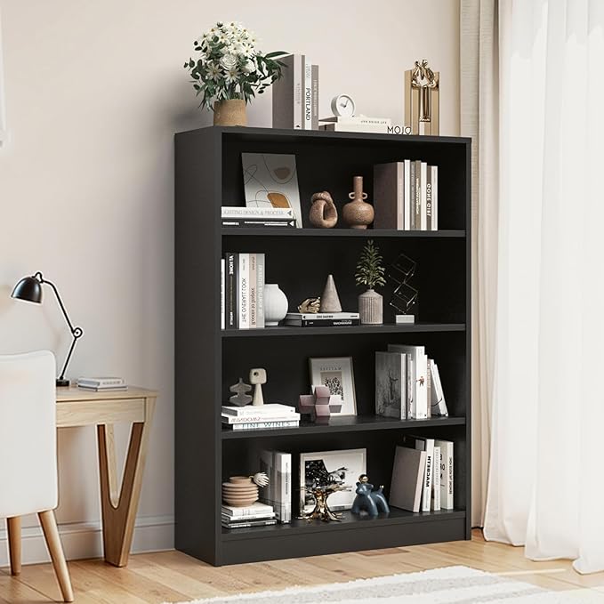 Farini 48 Inch Tall 4-Shelf Bookcase, Wood Bookshelf Storage Organizer Adjustable Shelf for Home Office, Study Room, Easy Assembly,Black