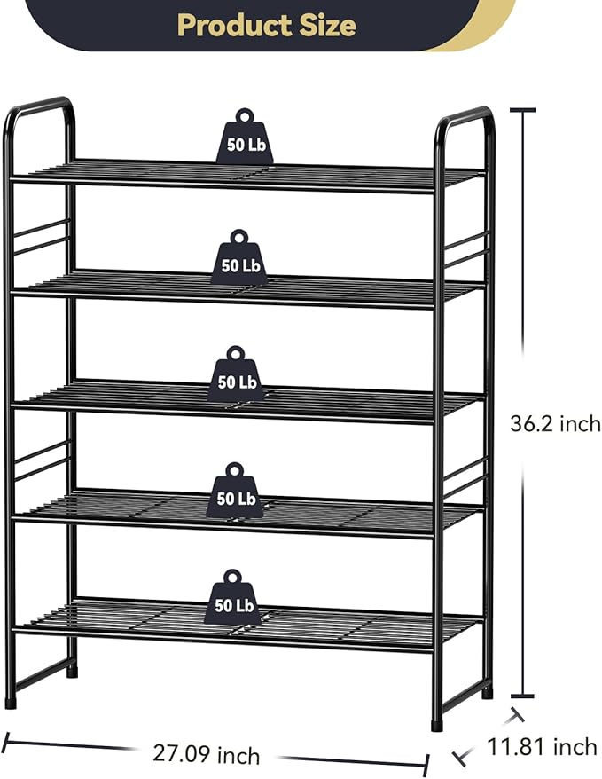 5-Tier 27” Wide Shoe Rack for Closet, Metal Stackable Shoe Shelf Organizer, Holds 18 Pairs Large Capacity, Black-NeatNest