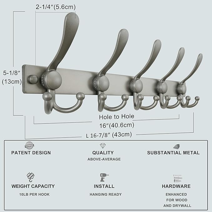 Dseap Coat Rack Wall Mount 2.0 Pro: Heavy Duty 300% Thicker, 16" Stud Mount, Stainless Steel Wall Coat Hooks Hanger for Clothes Jackets Hats Entryway Closet, MaxStrong Series, Grey