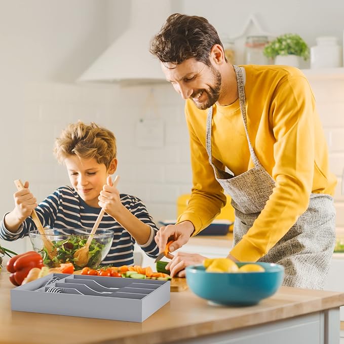 Bellsal Grey Utensil Organizer 10 Inch Silverware Tray for Drawer Utensil Holder Cutlery Organizer Kitchen Drawer Organizer 5 Compartment Small Narrow Bamboo-NeatNest