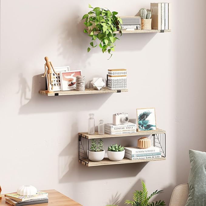 Fixwal 3+1 Tier Bathroom Floating Shelves Over Toilet, 15.8in Farmhouse Rustic Wood Shelves, Wall Decor for Bathroom, Living Room,Bedroom and Kitchen (Rustic Brown)-NeatNest